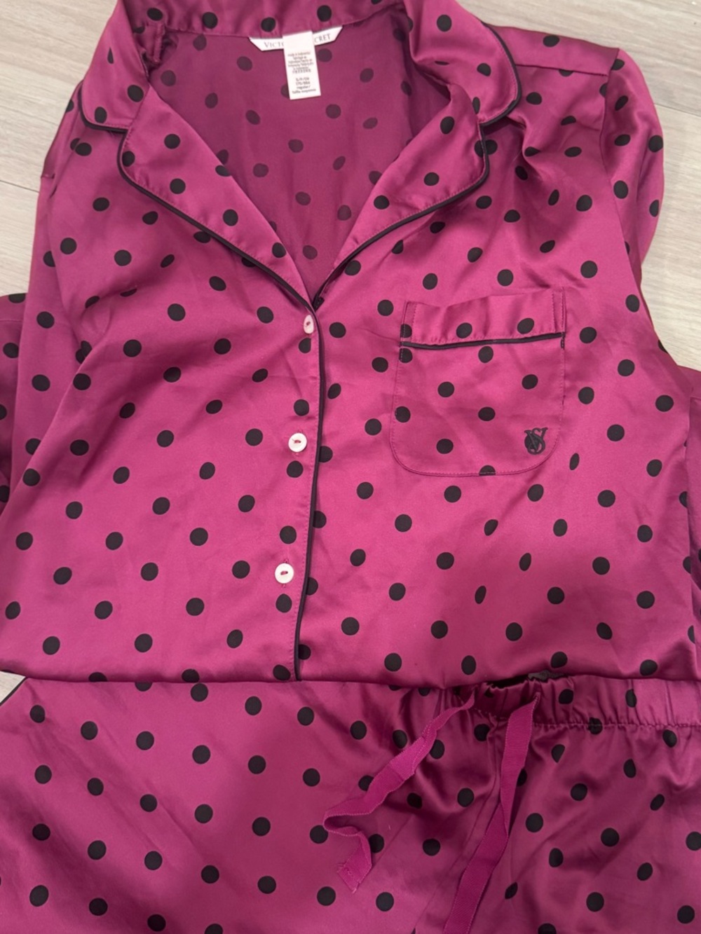 Victoria's Secret Berry Satin Polka Dot Pajama Set with Black Dots
